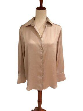ZARA Women’s Champagne Satin Button Front Blouse Long Sleeve Collared Shirt